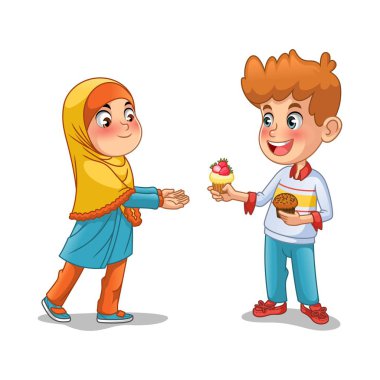 Çocuk beyaz arka planı Müslüman kız çizgi film karakter tasarım vektör illüstrasyon izole, cupcake vermek.