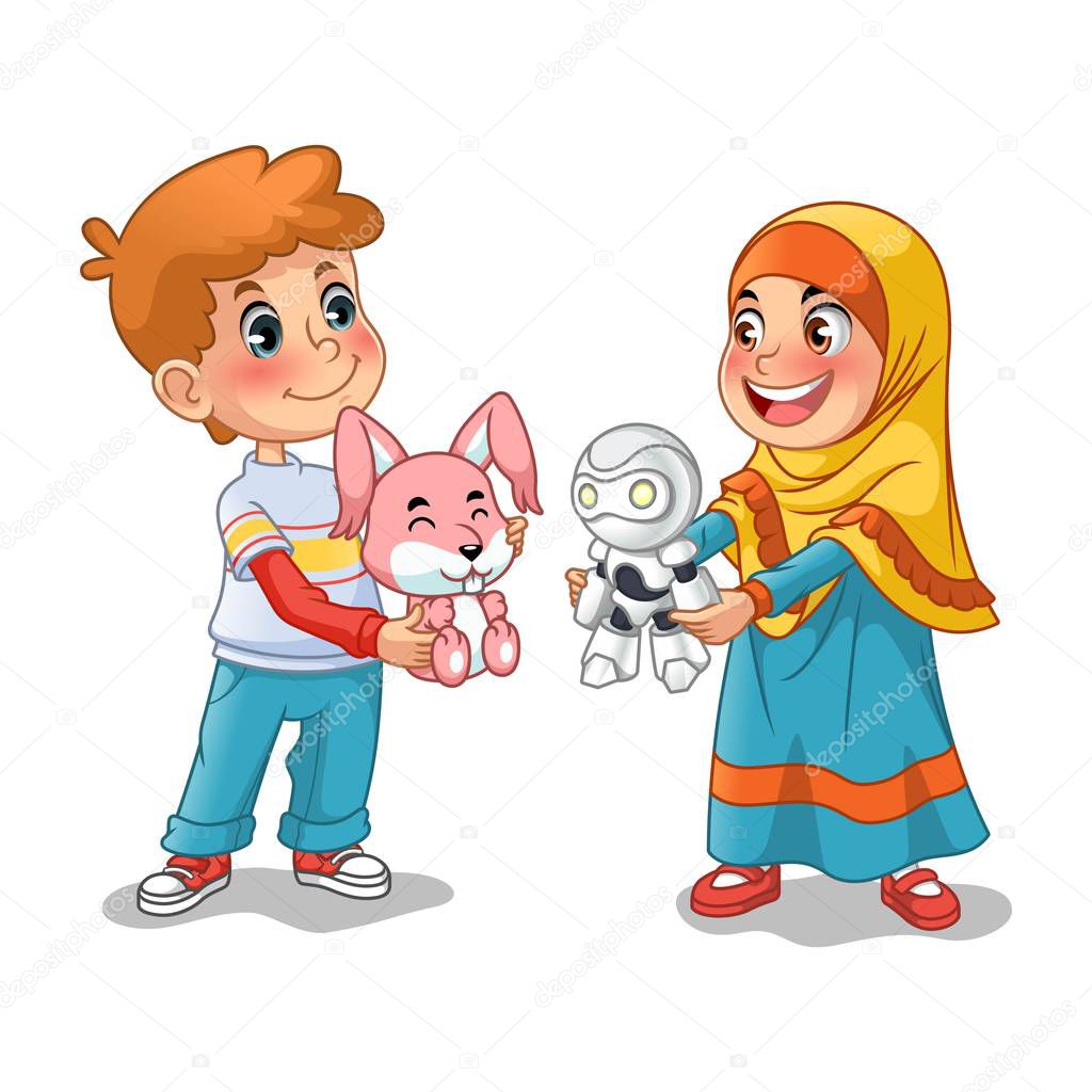 Muslim girl and boy exchanging gifts and making friends cartoon character design vector illustration, isolated against white background.
