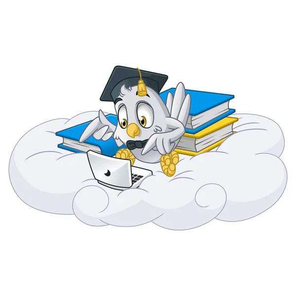 Búho Jugando Portátil Con Casquillo Graduación Mascota Dibujos Animados Diseño — Vector de stock