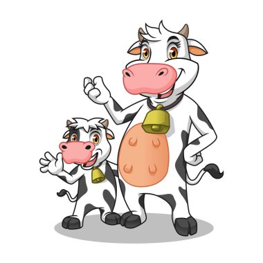 Be holstein süt anne ve çocuk, çizgi film karakteri maskot, illüstrasyon vektör.