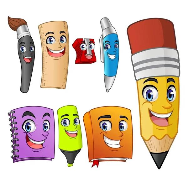 Conjunto Personagens Engraçados Desenhos Animados Itens Escolares Suprimentos Lápis Caneta —  Vetores de Stock