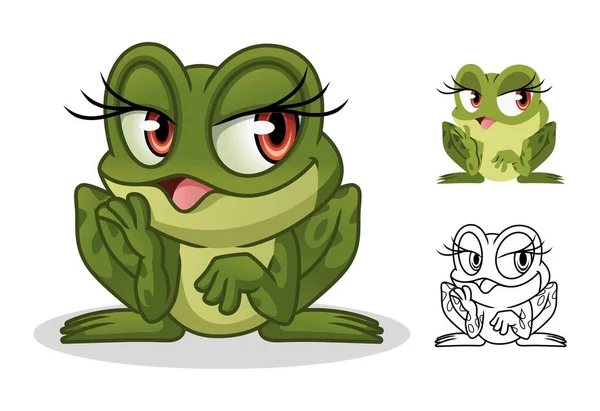 Female Frog Cartoon Character Mascot Design Including Flat Line Art — Stock Vector