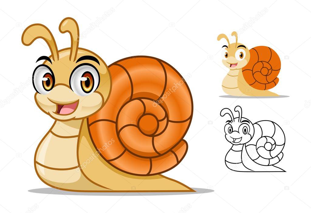 Snail cartoon character mascot design, including flat and line art design, isolated on white background, vector clip art illustration.