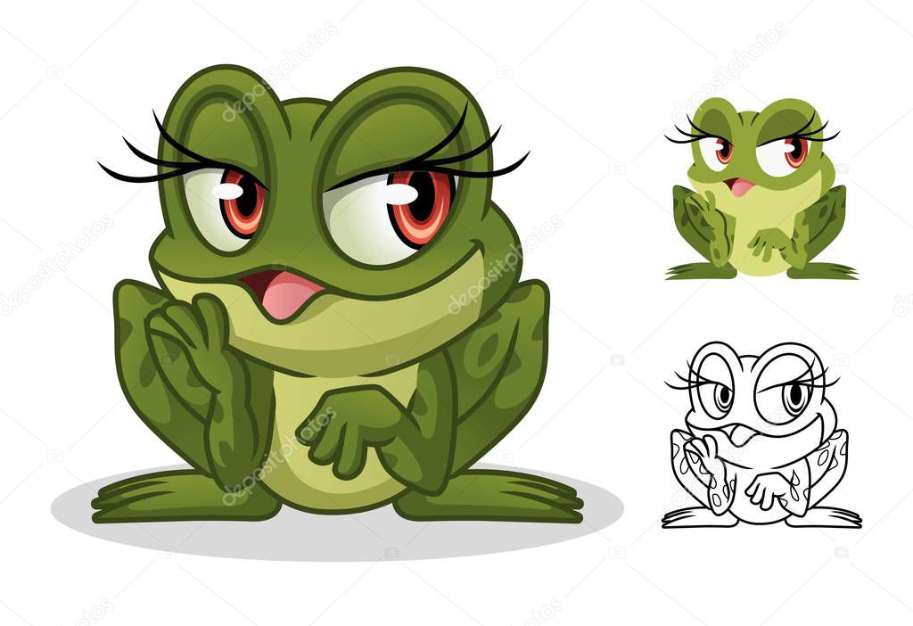 Female frog cartoon character mascot design, including flat and line art design, isolated on white background, vector clip art illustration.