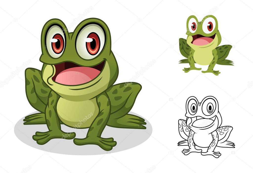 Male frog cartoon character mascot design, including flat and line art design, isolated on white background, vector clip art illustration.