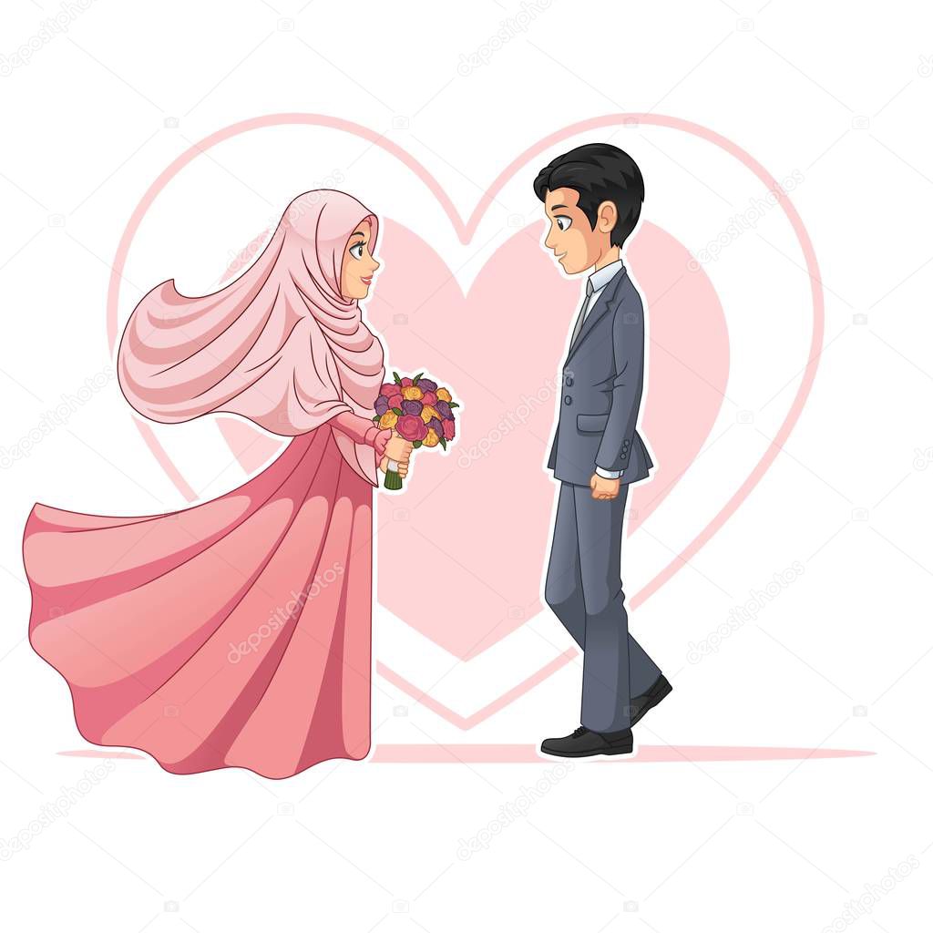 Muslim bride and groom looking at each other cartoon character design, isolated on white background, vector clip art illustration.