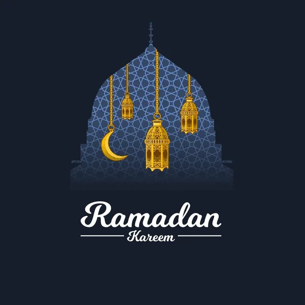 Islamic Greeting Card Design Ramadan Kareem Crescent Moon Lantern Geometry — Stock Vector
