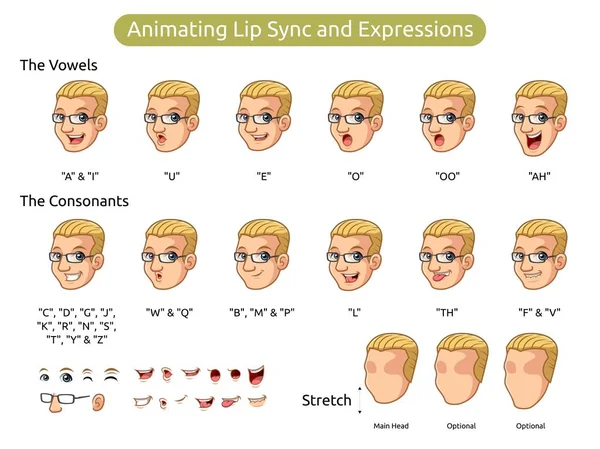 Man Blonde Hair Cartoon Character Design Animating Lip Sync Expressions — Stock Vector