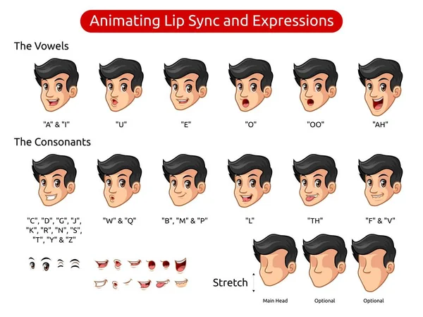 Muž Černými Vlasy Kreslený Design Pro Animování Synchronizace Rtů Výrazů — Stockový vektor