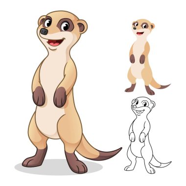 Mutlu Meerkat Karikatür Karakter Tasarımı, Düz ve Çizgi Sanat Tasarımları dahil, Vektör İllüstrasyon, Izole Beyaz Arka Plan.