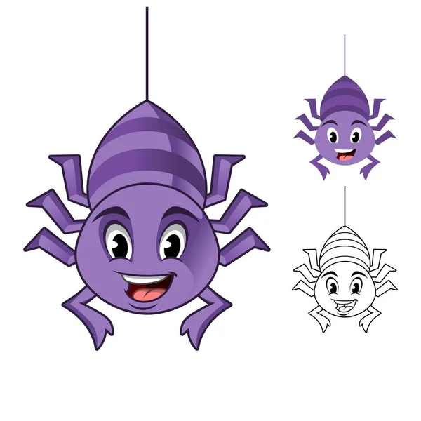 Adorable Spider Hanging Cobweb Thread Cartoon Character Design Including Flat — Stock Vector