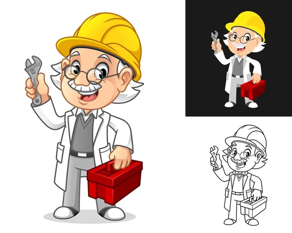 Happy Old Man Professor Mechanic Glasses Hard Hat Holding Wrench - Stok Vektor