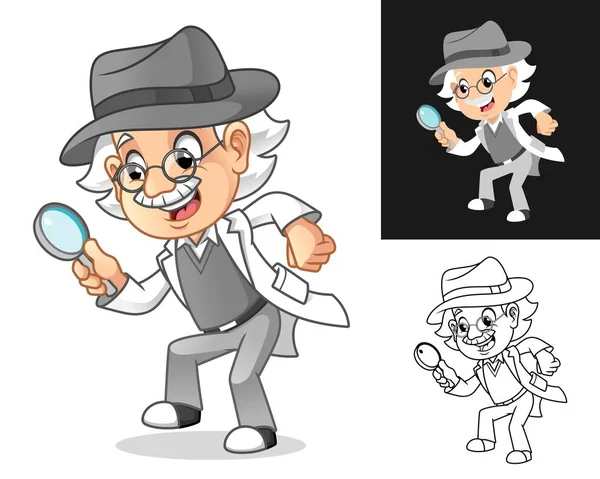 Happy Old Man Professor Investigazioni Criminali Detective Con Occhiali Cappello — Vettoriale Stock