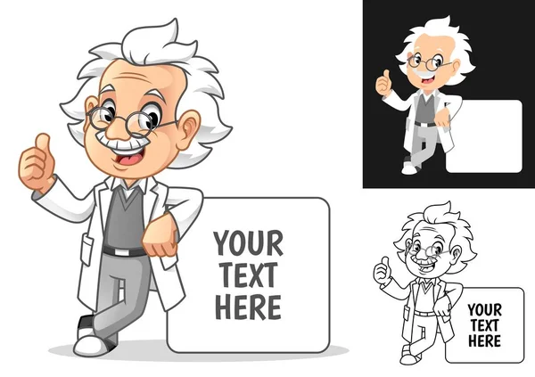 Happy Old Man Professor Glasses Leaning Empty Board Cartoon Character Stock Illustration