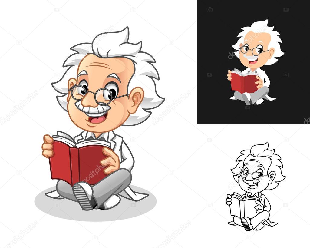 Happy Old Man Professor with Glasses Holding Phone Receiver Cartoon Character Design, Including Flat and Line Art Designs, Vector Illustration, in Isolated White Background.