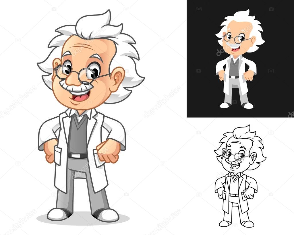 Happy Old Man Professor with Hands on Hips Cartoon Character Design, Including Flat and Line Art Designs, Vector Illustration, in Isolated White Background.