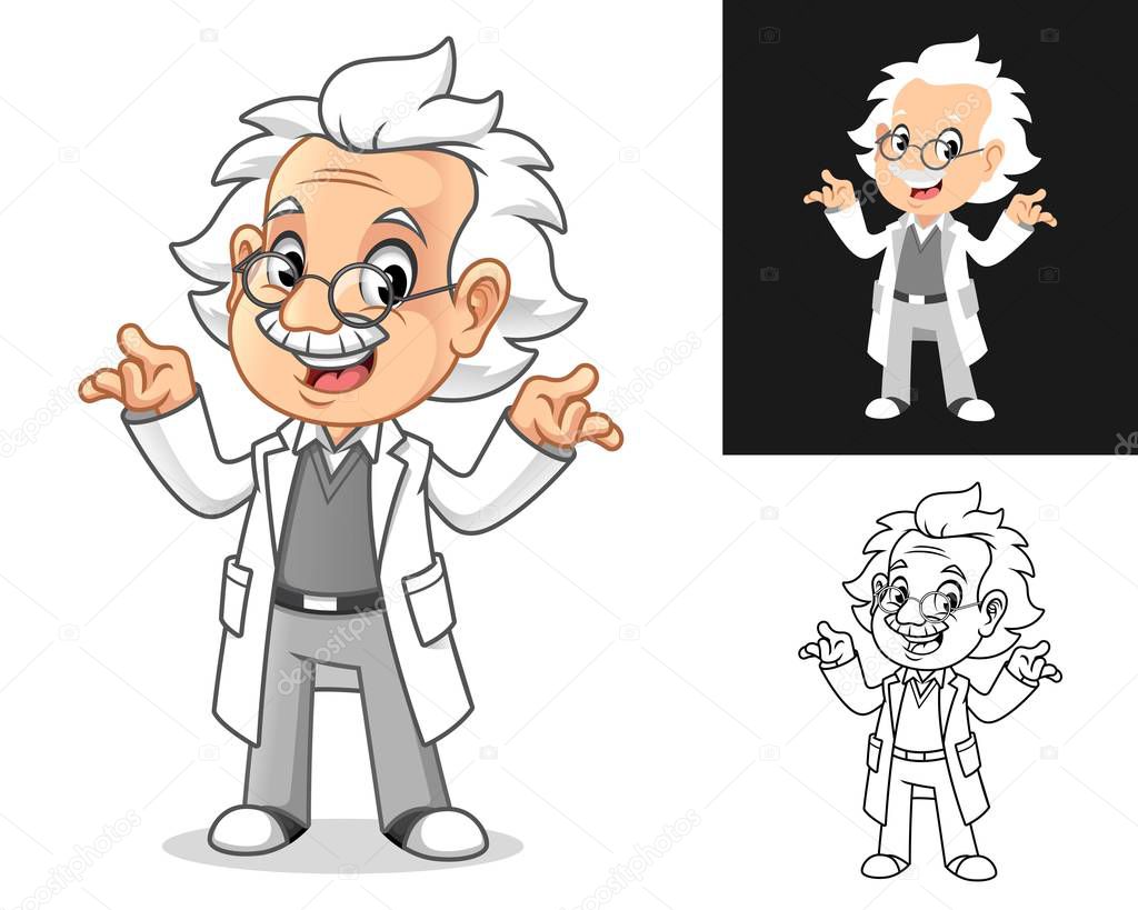 Confused Old Man Professor with Shrug Gesture Cartoon Character Design, Including Flat and Line Art Designs, Vector Illustration, in Isolated White Background.