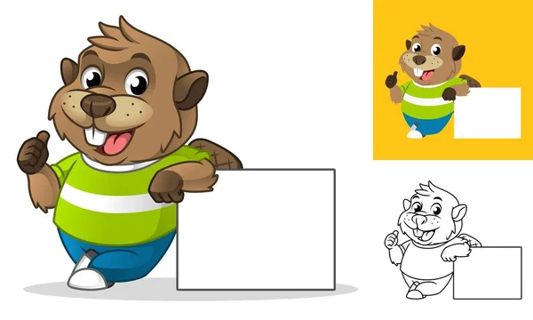 Mascotte Personnage Dessin Animé Beaver Leaning Blank Board Illustration Compris — Image vectorielle