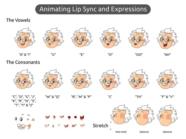 老人卡通人物吉祥物插图动画嘴唇同步和表达 矢量插图 在孤立的白色背景 — 图库矢量图片
