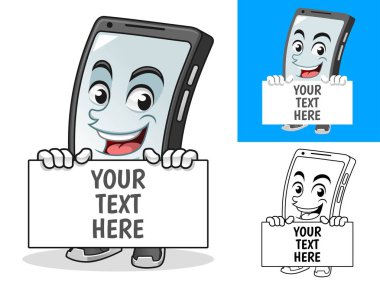 Smartphone Holding Boş Tahta Karikatür Karakter Maskot İllüstrasyon, Düz ve Siyah beyaz Tasarımlar dahil, Vektör İllüstrasyon, Izole Beyaz Arka Plan.