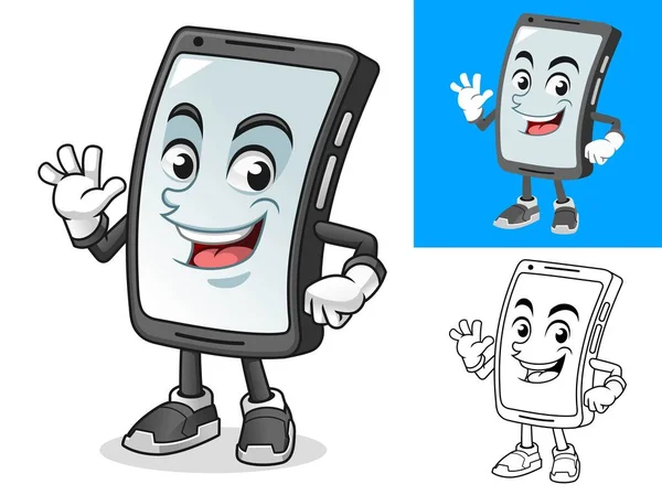 Smartphone Mit Winkender Hand Zeichentrickfigur Maskottchen Illustration Einschließlich Flachen Und — Stockvektor