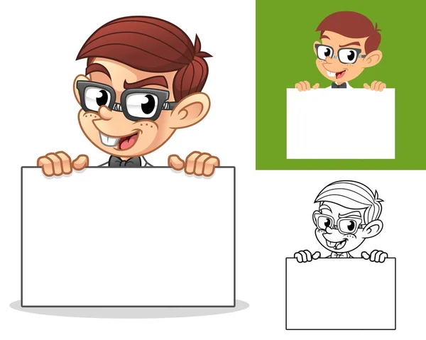 Happy Geek Boy Segurando Blank Board Desenhos Animados Personagem Mascote —  Vetores de Stock