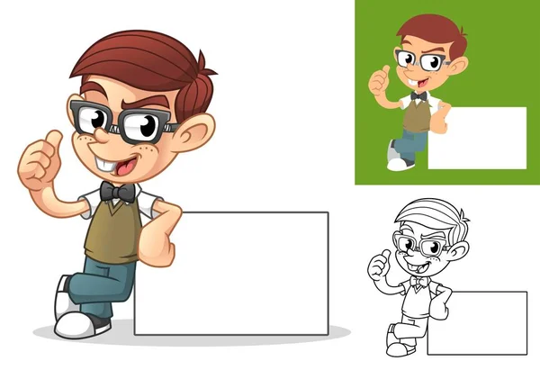 Happy Geek Boy Leaning Empty Board Cartoon Character Mascot Illustration — стоковый вектор