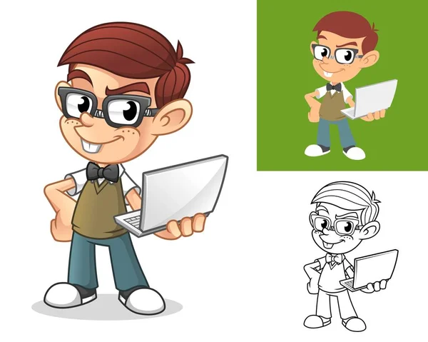 Happy Geek Boy Standing Holding Laptop Computer Cartoon Character Mascot —  Vetores de Stock