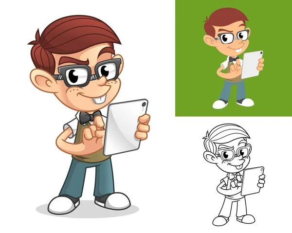 Happy Geek Boy Holding Tablet Device Cartoon Character Illustration Including — стоковый вектор