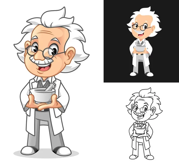 Happy Old Man Professor Segurando Argamassa Médica Pestlé Desenho Personagem —  Vetores de Stock