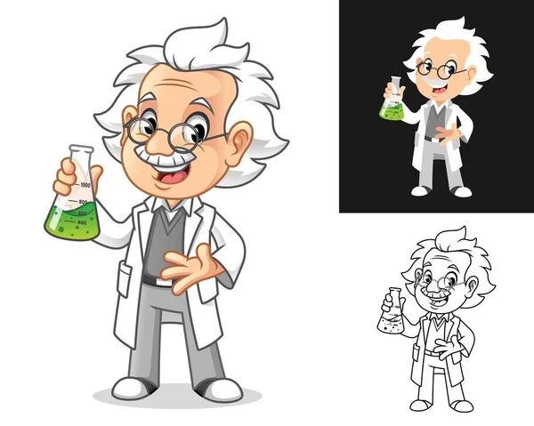 快乐老人教授与眼镜拿着药水在Erlenmeyer烧瓶卡通人物设计 包括平面和线条艺术设计 矢量插图 在孤立的白色背景 — 图库矢量图片