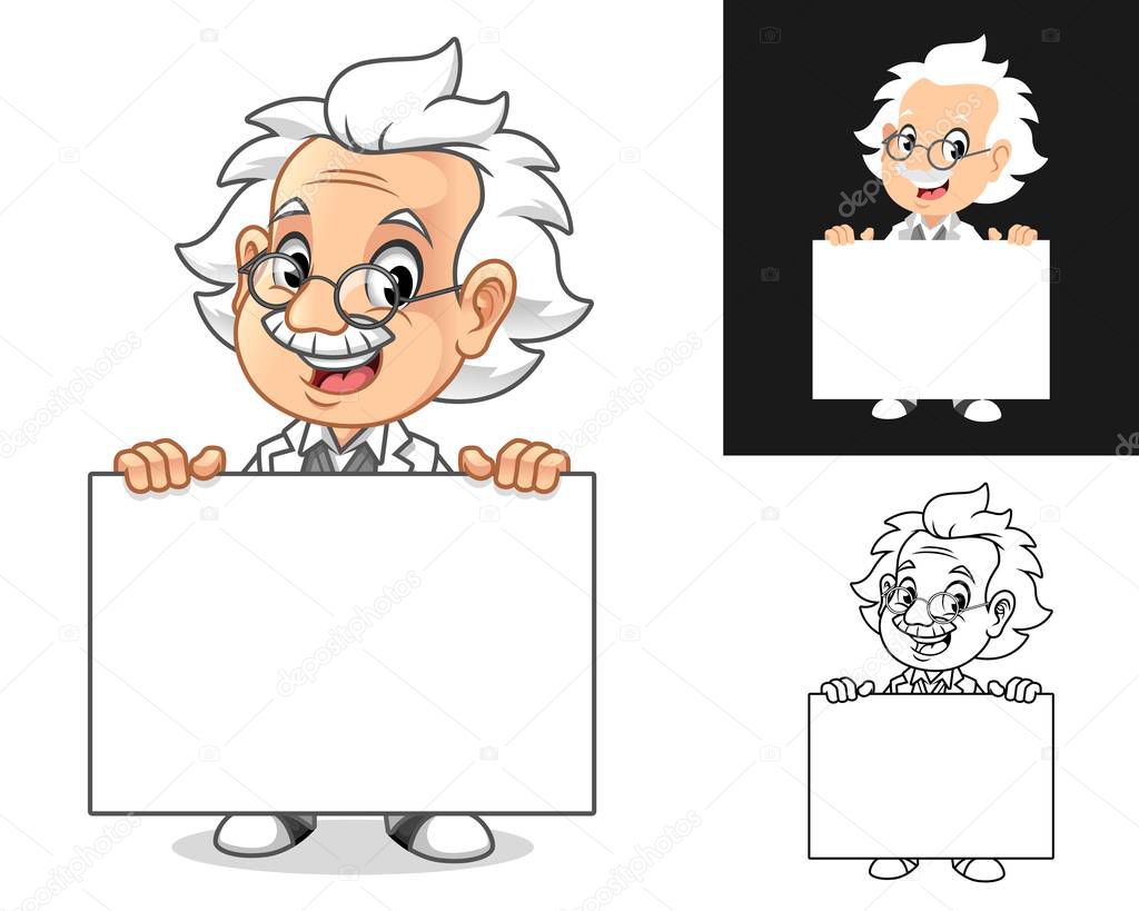 Happy Old Man Professor Holding Blank Board Cartoon Character Design, Including Flat and Line Art Designs, Vector Illustration, in Isolated White Background.