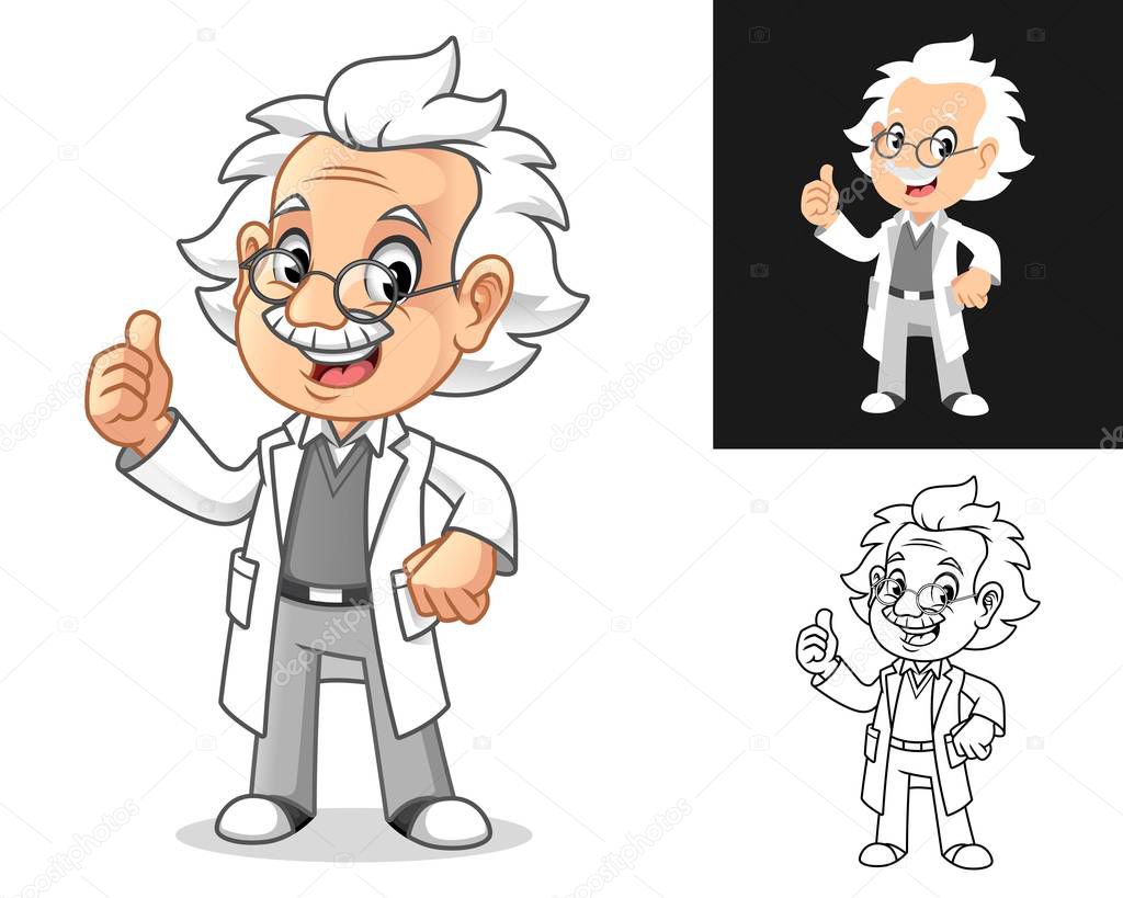 Happy Old Man Professor with Thumbs Up Gesture Cartoon Character Design, Including Flat and Line Art Designs, Vector Illustration, in Isolated White Background.