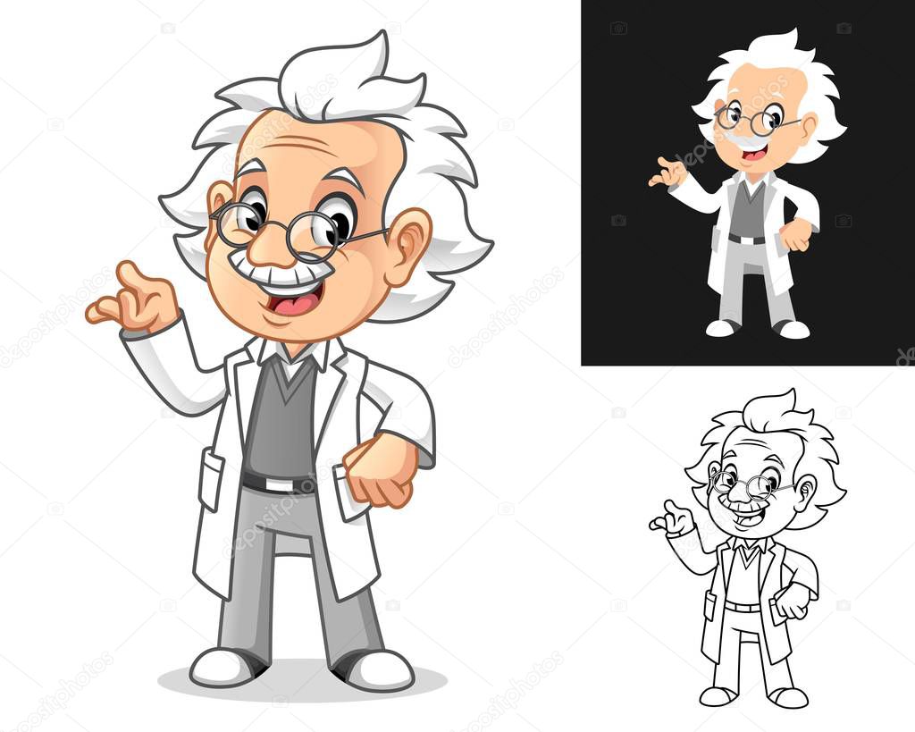 Happy Old Man Professor with Present Something Gesture Cartoon Character Design, Including Flat and Line Art Designs, Vector Illustration, in Isolated White Background.