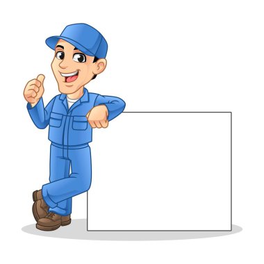 Mechanic Man Leaning Empty Board for Service, Repair or Maintenance Mascot Concept Cartoon Character Design, Vector Illustration, in Isolated White Background.