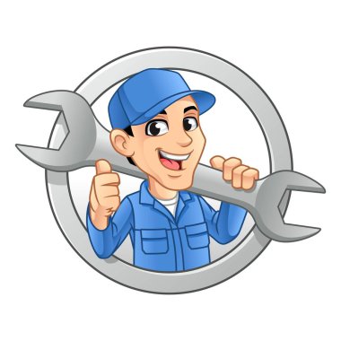Mechanic Man Logo Holding Huge Wrench for Service, Repair or Maintenance Mascot Concept Cartoon Character Design, Vector Illustration, in Isolated White Background.