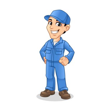 Mechanic Man with Hands On Hips Gesture Sign for Service, Repair or Maintenance Mascot Concept Cartoon Character Design, Vector Illustration, in Isolated White Background.