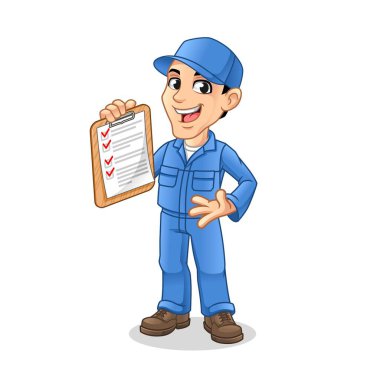 Mechanic Man Holding Clipboard with Welcome Hand in The Other Hand for Service, Repair or Maintenance Mascot Concept Cartoon Character Design, Vector Illustration, in Isolated White Background.