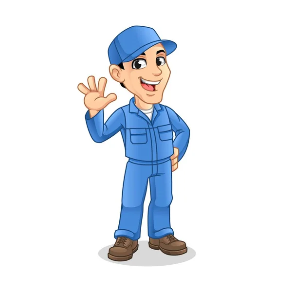 Mechanic Man Waving Hand Gesture Sign Service Repair Maintenance Mascot - Stok Vektor