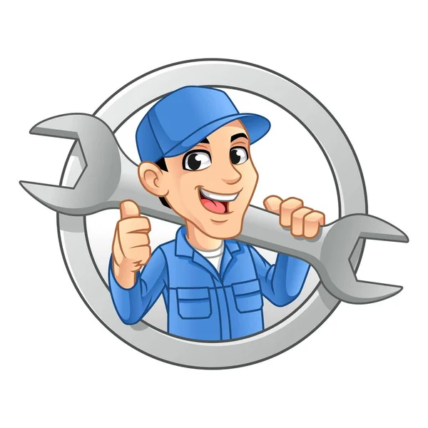 Mechanic Man Logo Holding Huge Wrench Service Repair Maintenance Mascot - Stok Vektor