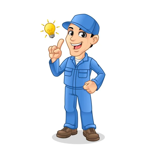 Mechanic Man Get Idea Light Bulb Service Repair Maintenance Mascot - Stok Vektor