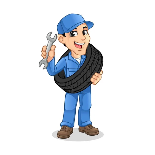 Mechanic Man Carrying Tire Holding Wrench Other Hand Service Repair - Stok Vektor