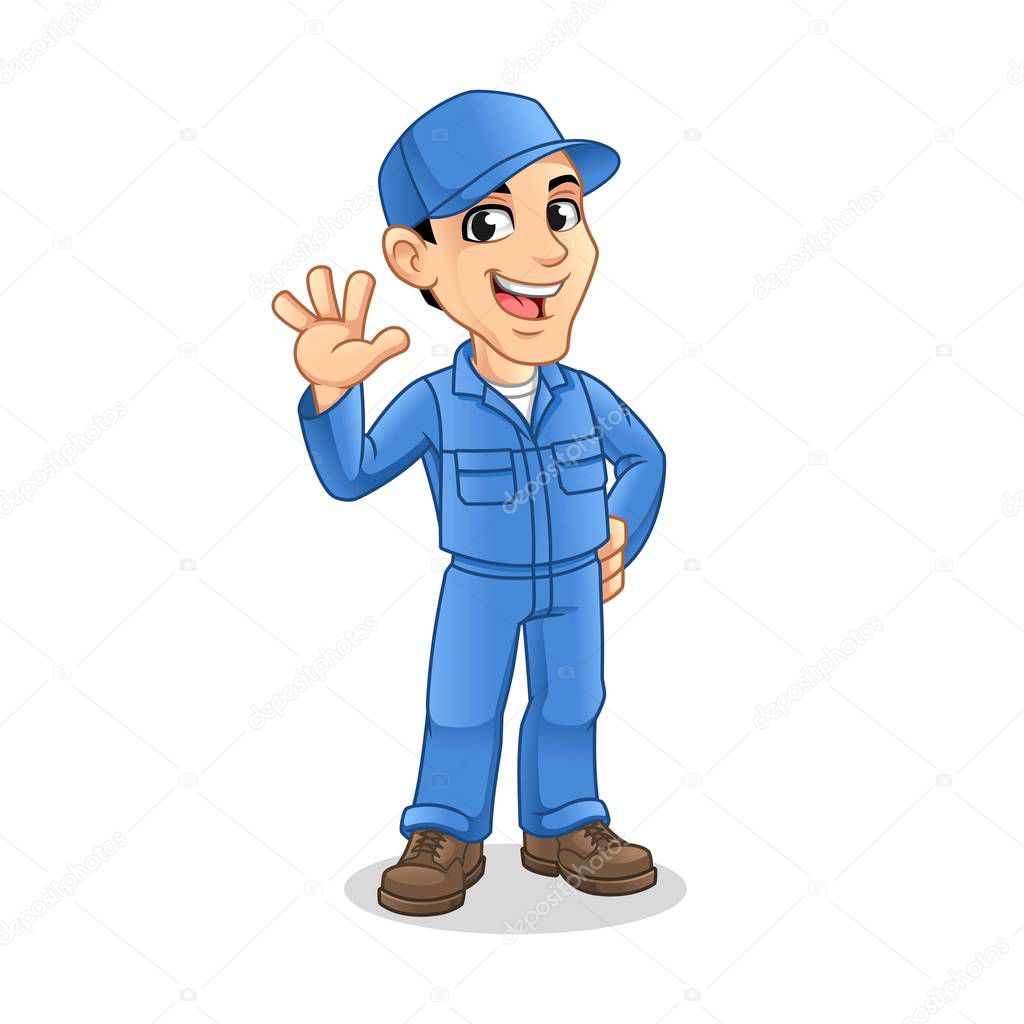 Mechanic Man with Waving Hand Gesture Sign for Service, Repair or Maintenance Mascot Concept Cartoon Character Design, Vector Illustration, in Isolated White Background.
