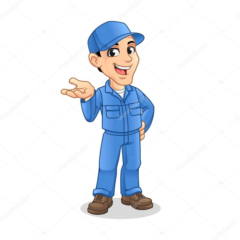 Mechanic Man with Present Something Hand Gesture Sign for Service, Repair or Maintenance Mascot Concept Cartoon Character Design, Vector Illustration, in Isolated White Background.