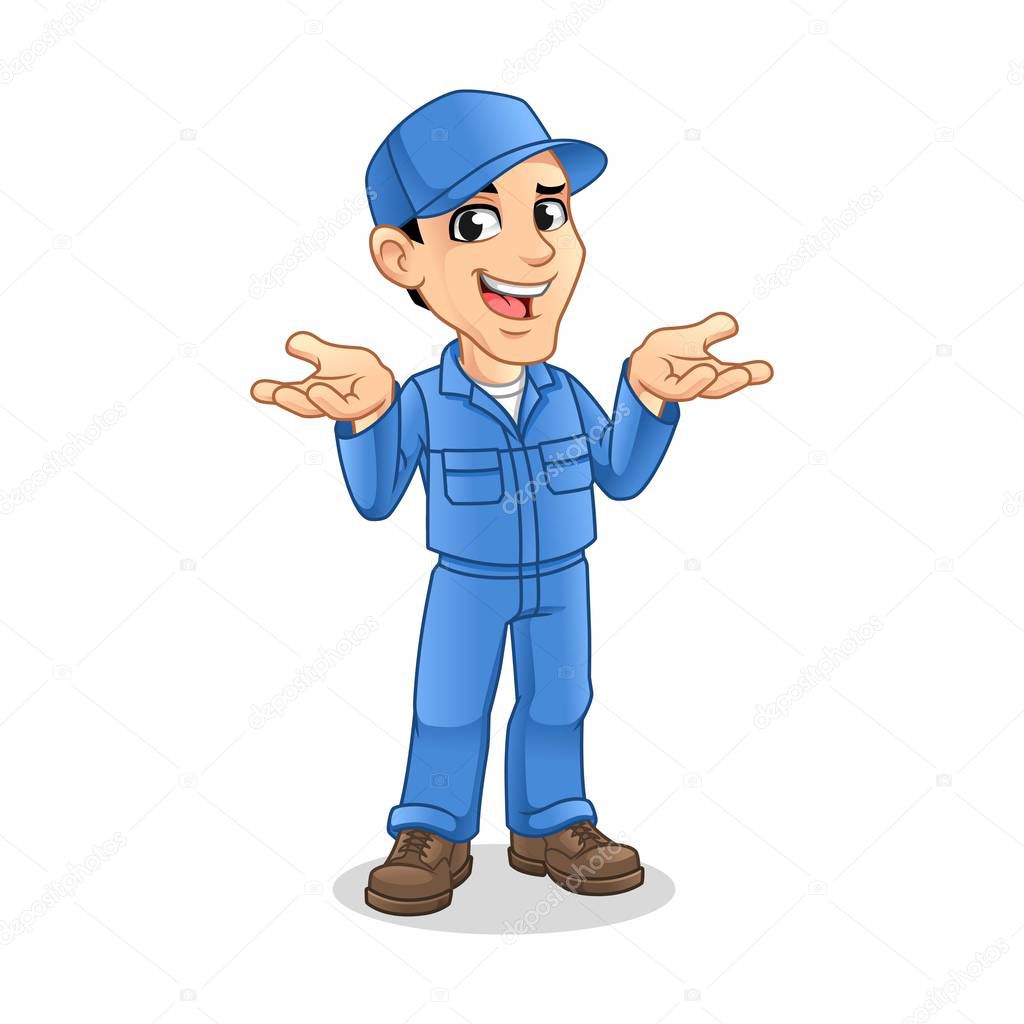 Mechanic Man with Confused Gesture Sign for Service, Repair or Maintenance Mascot Concept Cartoon Character Design, Vector Illustration, in Isolated White Background.