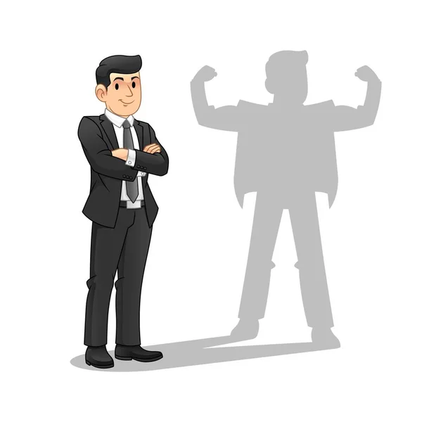 Uomo Affari Con Sua Ombra Forte Business Leadership Concept Cartoon — Vettoriale Stock