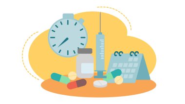 Şırınga, hap, zamanlayıcı ve takvimle aşı şişesinin düz tasarım çizimi