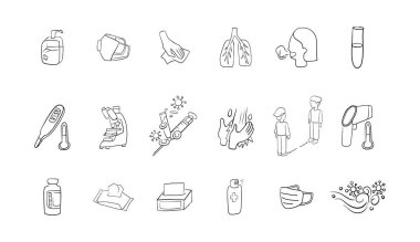 Coronavirus temasında el çizimi simgesi set sanatı