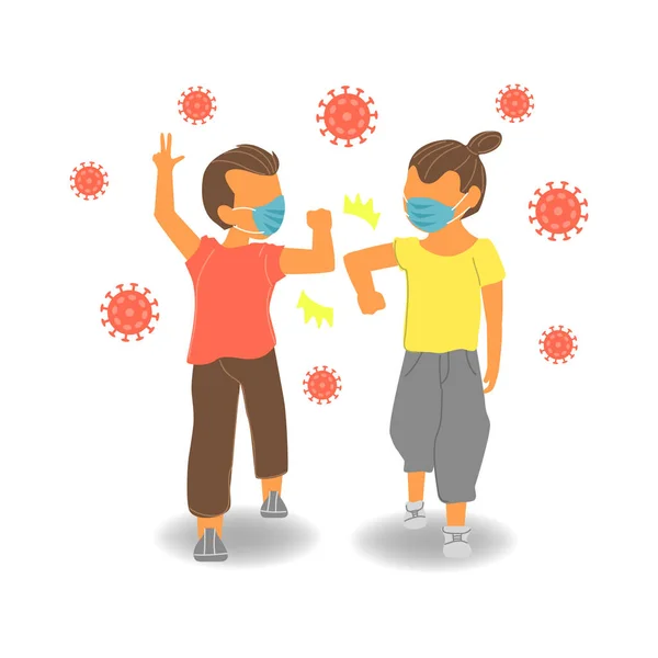 Yüz maskesi takan iki arkadaş ve etraflarında virüs olan dirsekler. Düz dizayn illüstrasyon, Coronavirus sırasında virüs bulaşmasını azaltmak için el sıkışmadan selamlamayı gösteriyor