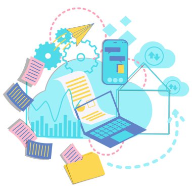 Evde çalışmanın ya da evden pembe mavi tonda çalışmanın bir örneği. uzaklık çalışması için dijital ve bulut teknolojisinin düz tasarımı. 